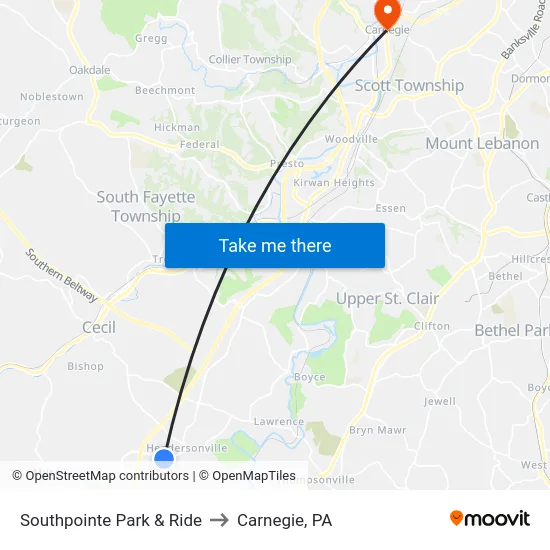 Southpointe Park & Ride to Carnegie, PA map