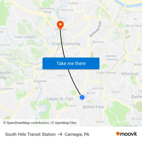 South Hills Transit Station to Carnegie, PA map