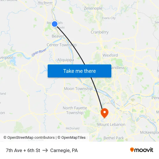 7th Ave + 6th St to Carnegie, PA map