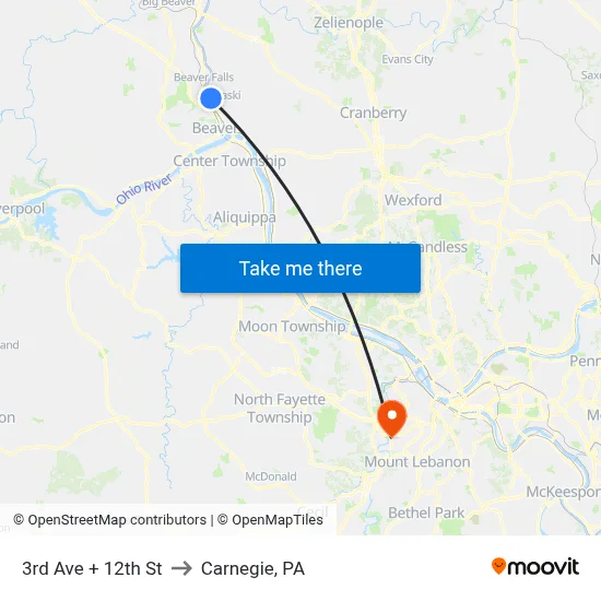 3rd Ave + 12th St to Carnegie, PA map