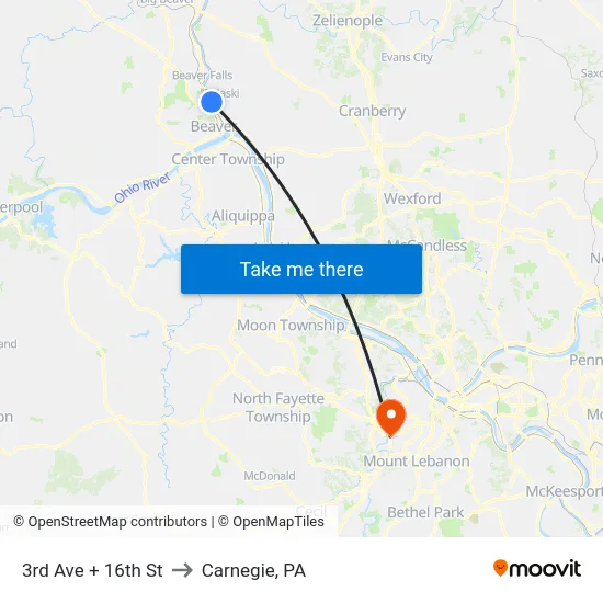 3rd Ave + 16th St to Carnegie, PA map