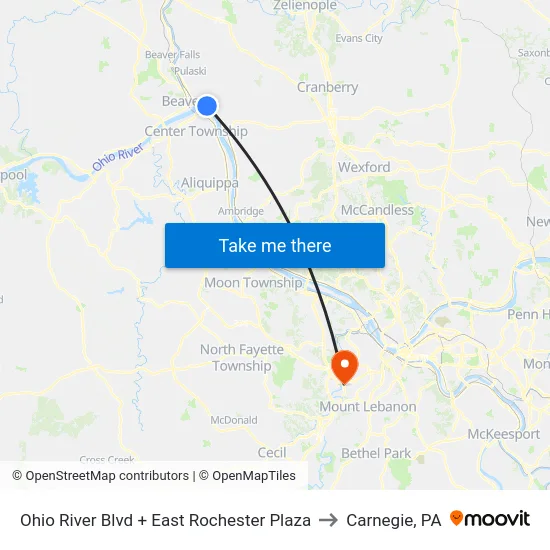 Ohio River Blvd + East Rochester Plaza to Carnegie, PA map