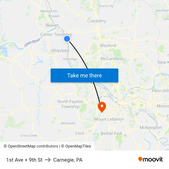 1st Ave + 9th St to Carnegie, PA map