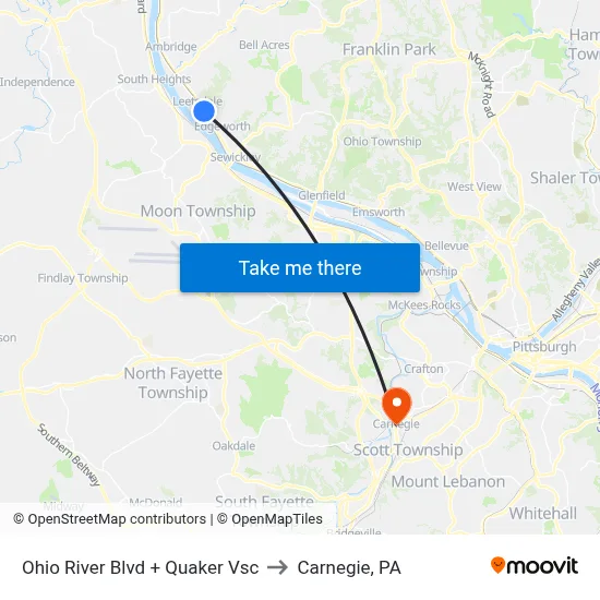 Ohio River Blvd + Quaker Vsc to Carnegie, PA map