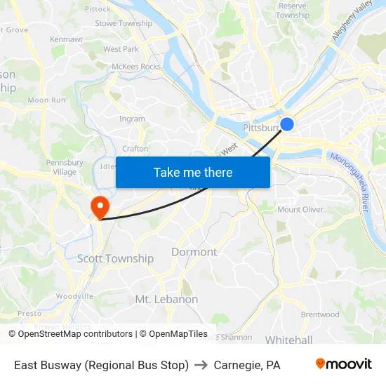 East Busway (Regional Bus Stop) to Carnegie, PA map
