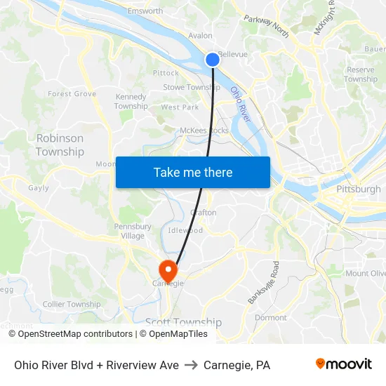 Ohio River Blvd + Riverview Ave to Carnegie, PA map