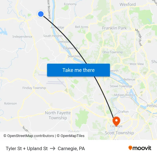 Tyler St + Upland St to Carnegie, PA map