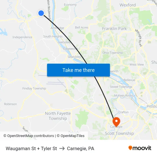 Waugaman St + Tyler St to Carnegie, PA map