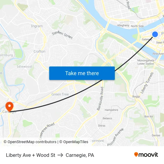 Liberty Ave + Wood St to Carnegie, PA map