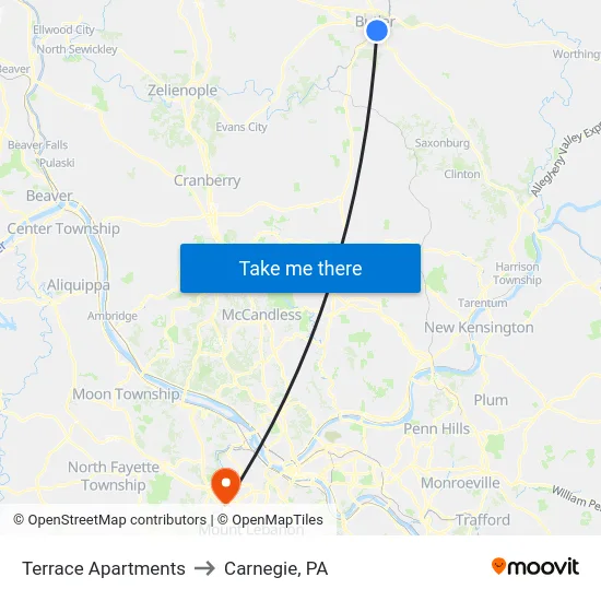 Terrace Apartments to Carnegie, PA map