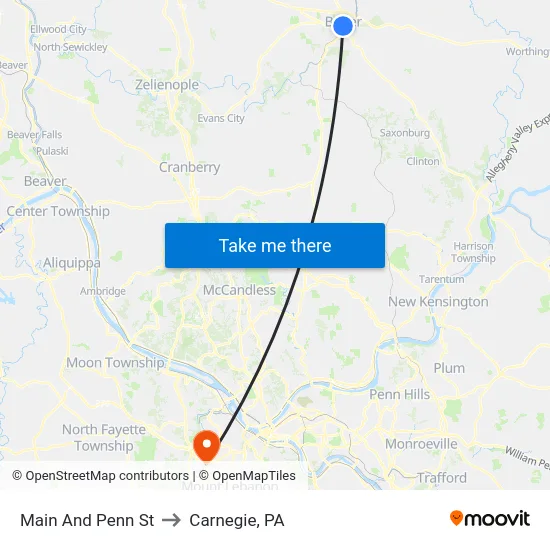 Main And Penn St to Carnegie, PA map