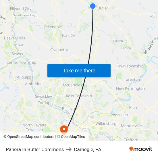 Panera In Butler Commons to Carnegie, PA map