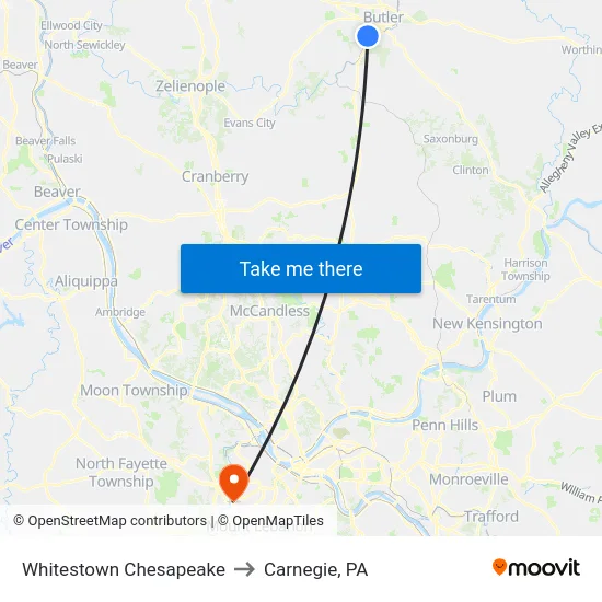 Whitestown Chesapeake to Carnegie, PA map