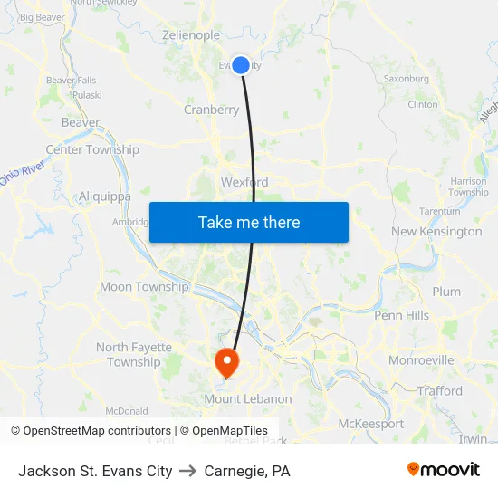Jackson St. Evans City to Carnegie, PA map
