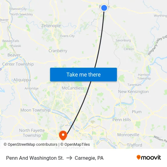 Penn And Washington St. to Carnegie, PA map
