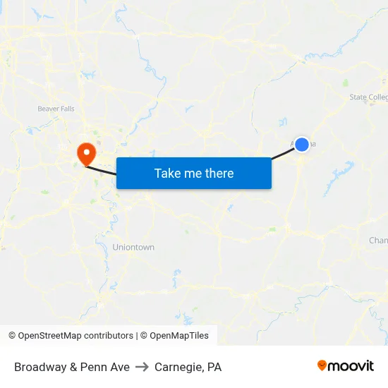 Broadway & Penn Ave to Carnegie, PA map