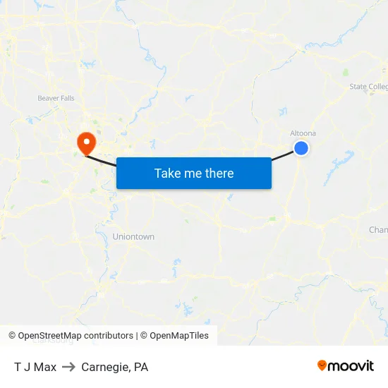 T J Max to Carnegie, PA map