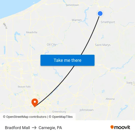 Bradford Mall to Carnegie, PA map