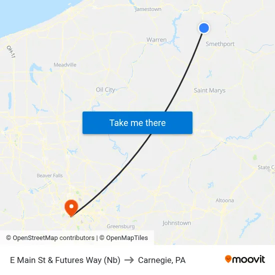 E Main St & Futures Way (Nb) to Carnegie, PA map