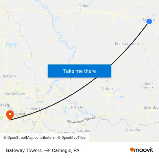 Gateway Towers to Carnegie, PA map