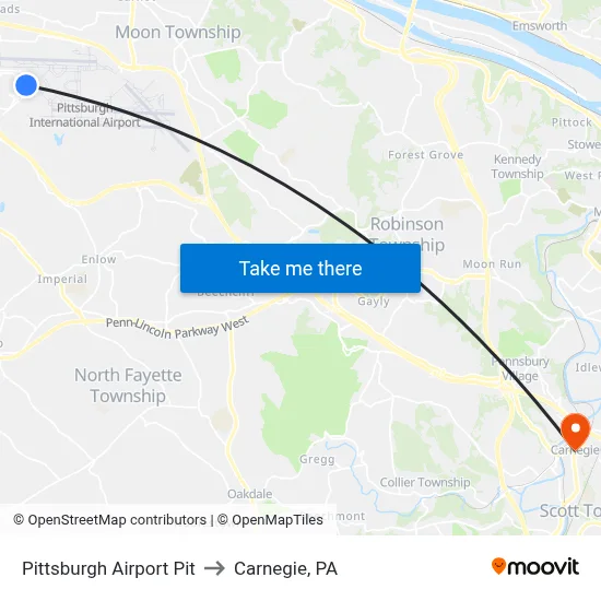 Pittsburgh Airport Pit to Carnegie, PA map