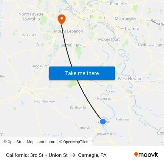 California: 3rd St + Union St to Carnegie, PA map