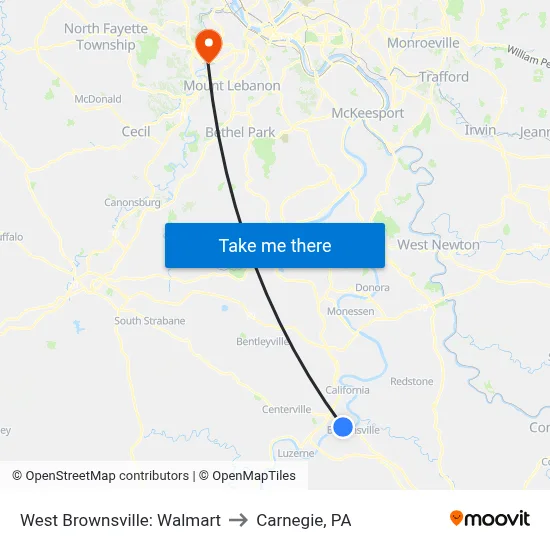 West Brownsville: Walmart to Carnegie, PA map