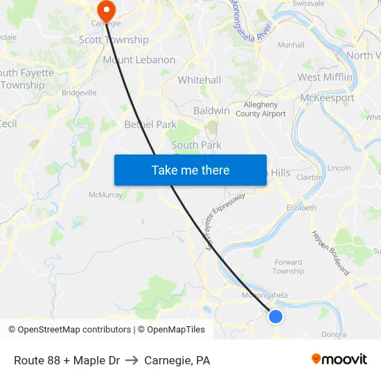 Route 88 + Maple Dr to Carnegie, PA map
