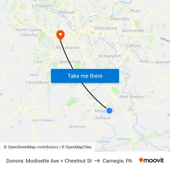 Donora: Modisette Ave + Chestnut St to Carnegie, PA map