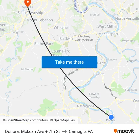 Donora: Mckean Ave + 7th St to Carnegie, PA map