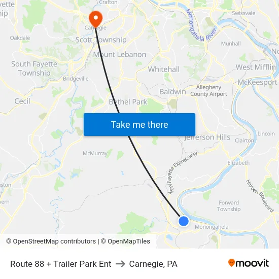Route 88 + Trailer Park Ent to Carnegie, PA map