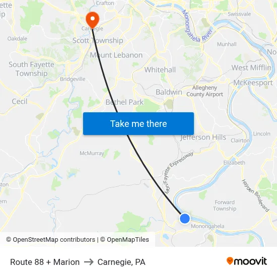 Route 88 + Marion to Carnegie, PA map