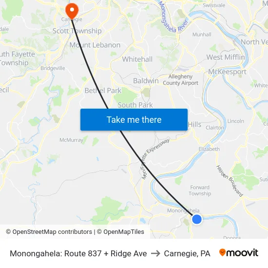 Monongahela: Route 837 + Ridge Ave to Carnegie, PA map