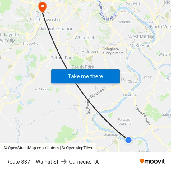 Route 837 + Walnut St to Carnegie, PA map