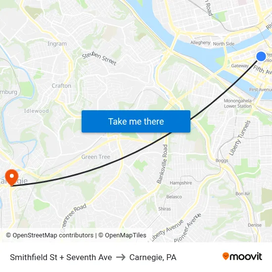 Smithfield St + Seventh Ave to Carnegie, PA map