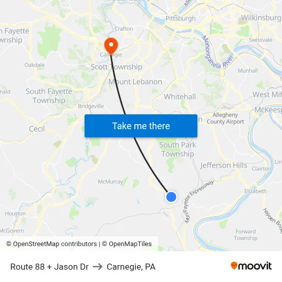 Route 88 + Jason Dr to Carnegie, PA map