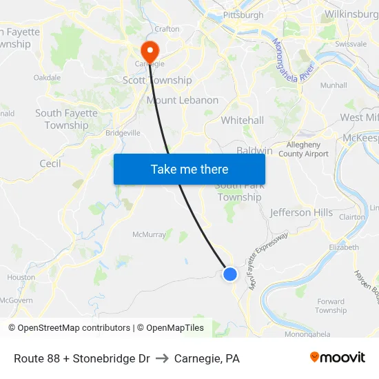 Route 88 + Stonebridge Dr to Carnegie, PA map