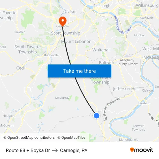 Route 88 + Boyka Dr to Carnegie, PA map