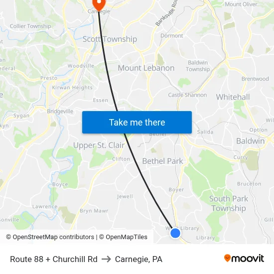 Route 88 + Churchill Rd to Carnegie, PA map
