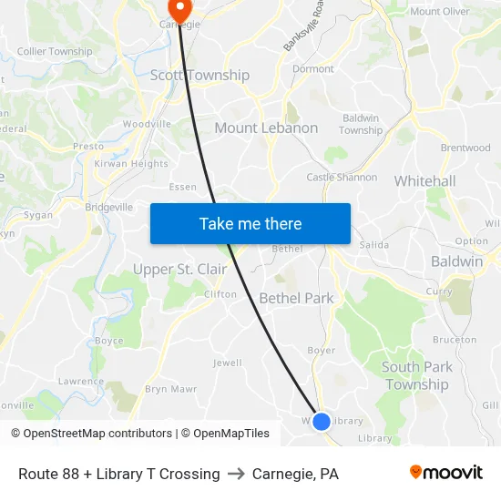 Route 88 + Library T Crossing to Carnegie, PA map