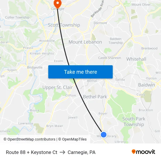 Route 88 + Keystone Ct to Carnegie, PA map