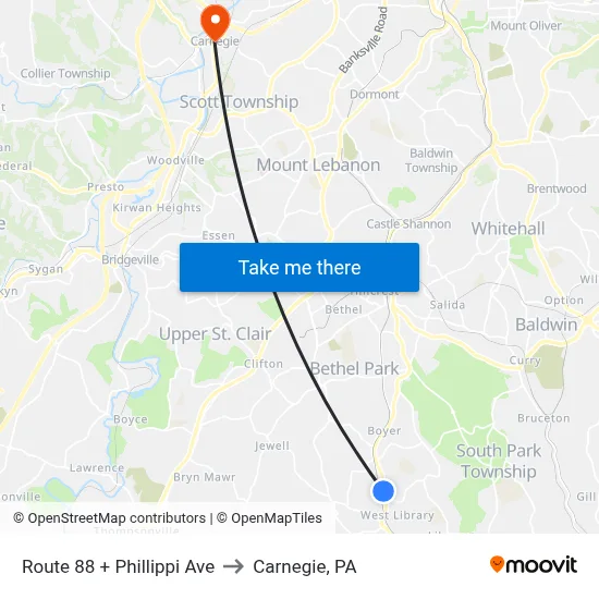 Route 88 + Phillippi Ave to Carnegie, PA map