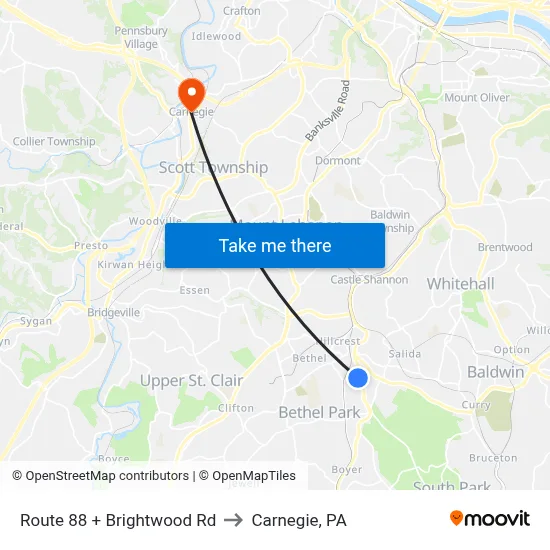 Route 88 + Brightwood Rd to Carnegie, PA map