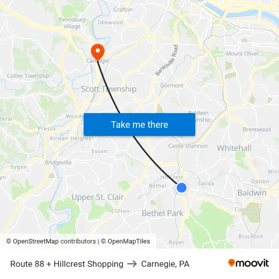 Route 88 + Hillcrest Shopping to Carnegie, PA map