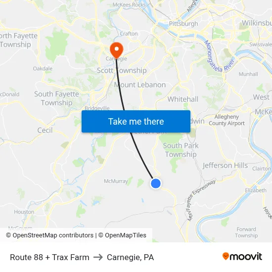 Route 88 + Trax Farm to Carnegie, PA map