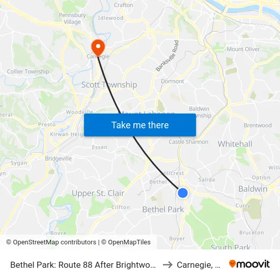 Bethel Park: Route 88 After Brightwood to Carnegie, PA map