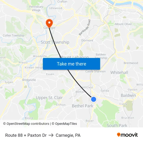 Route 88 + Paxton Dr to Carnegie, PA map