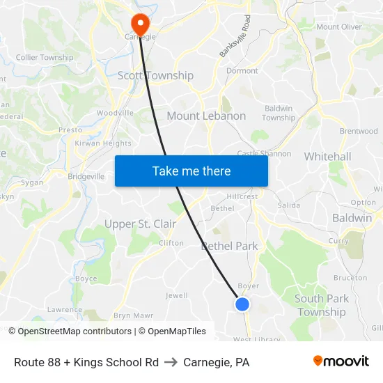 Route 88 + Kings School Rd to Carnegie, PA map