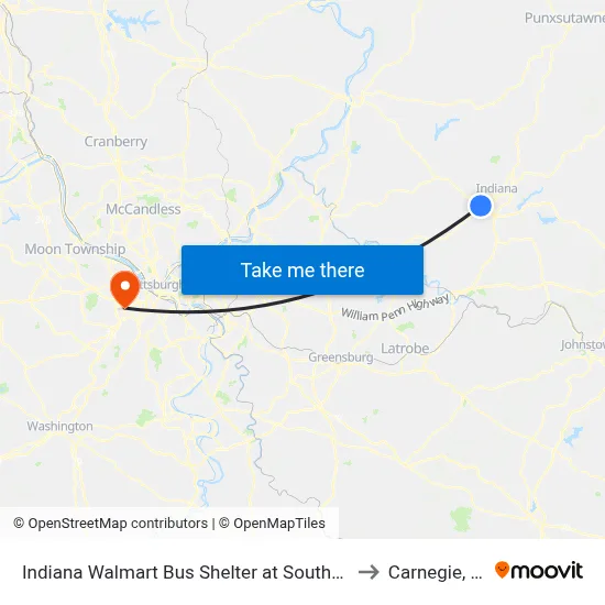 Indiana Walmart Bus Shelter at Southtown to Carnegie, PA map