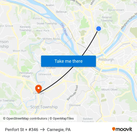 Penfort St + #346 to Carnegie, PA map